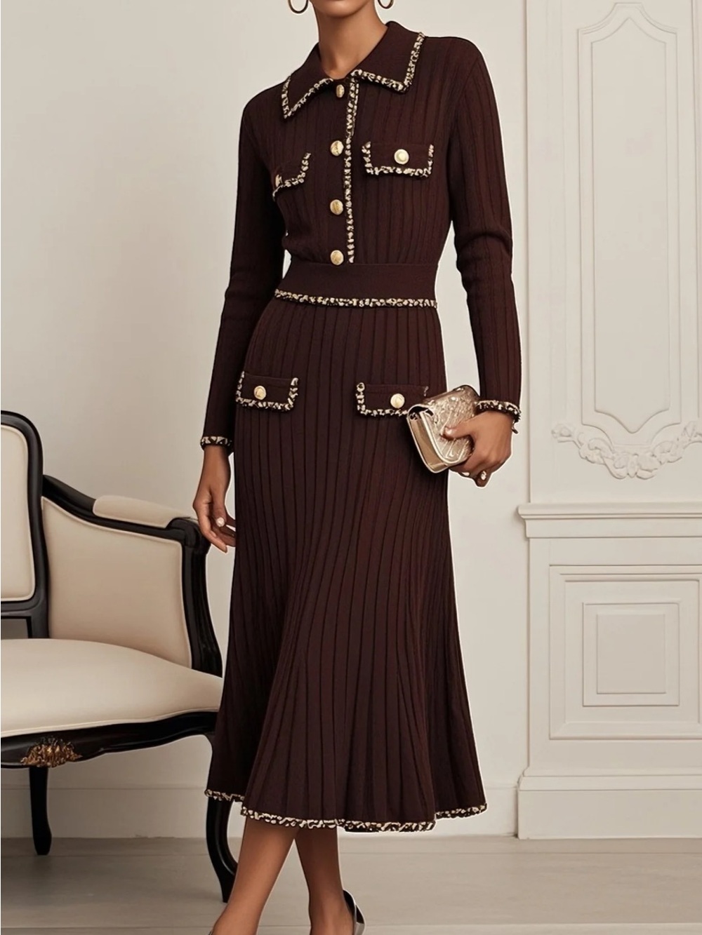 FEHAUTE Brown Ribbed Knit Midi Dress NWT Sz 12 Tweed Trim Gold Buttons